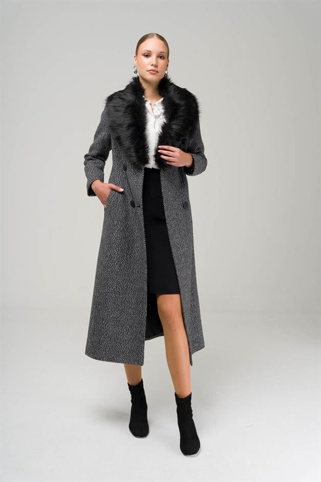 Double-Breasted Herringbone Coat with Detachable Fur Collar BLACK 3937