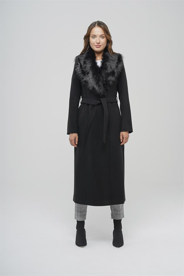 معطف طويل مبطن بالفرو قابل للفصل مع رباط للخصر أسود 3804