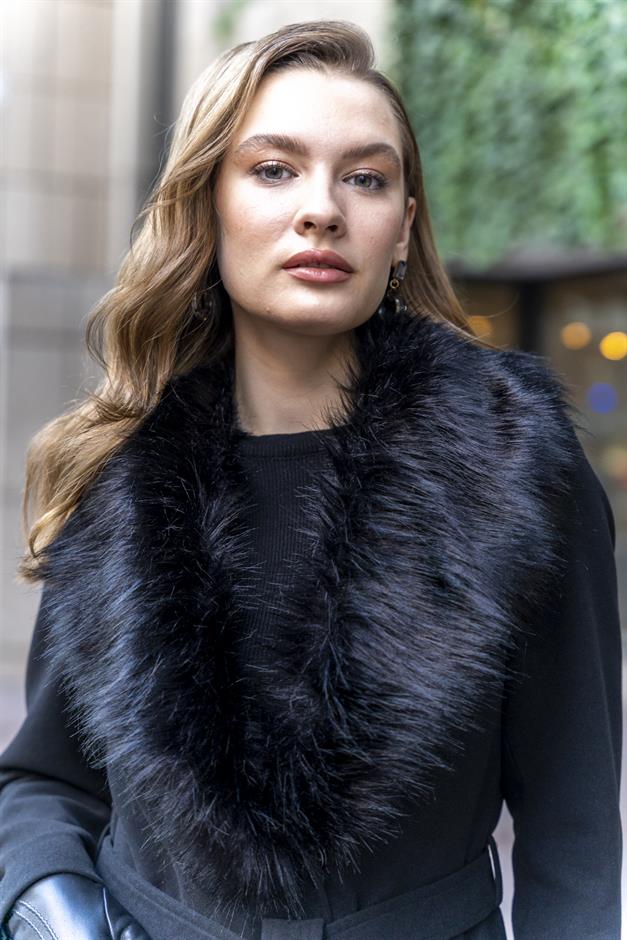 معطف طويل مبطن بالفرو قابل للفصل مع رباط للخصر أسود 3804