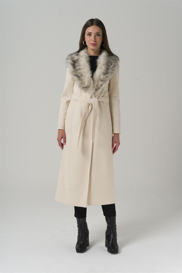 معطف طويل مبطن بالفرو قابل للفصل مع رباط للخصر وحدة التحكم الإلكترونية 3804