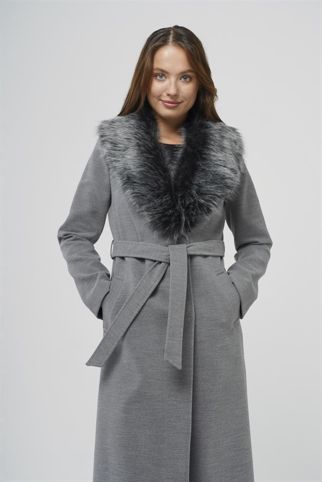 معطف طويل مبطن بالفرو قابل للفصل مع رباط للخصر رمادي 3804