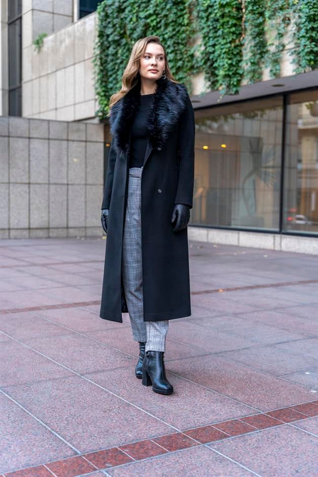 معطف طويل مبطن بالفرو قابل للفصل مع رباط للخصر أسود 3804