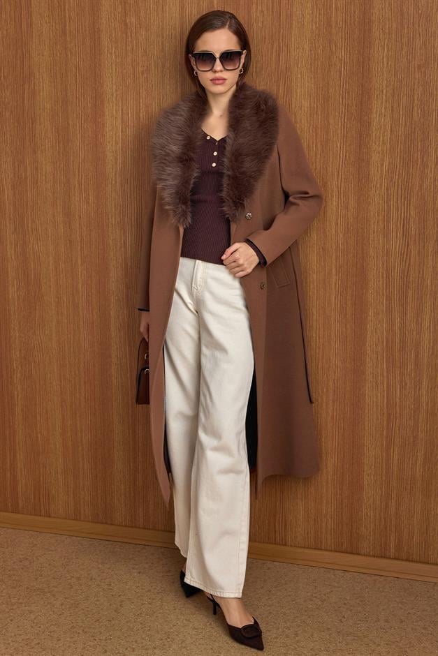 معطف طويل مبطن بالفرو قابل للفصل مع رباط للخصر التبغ 3804