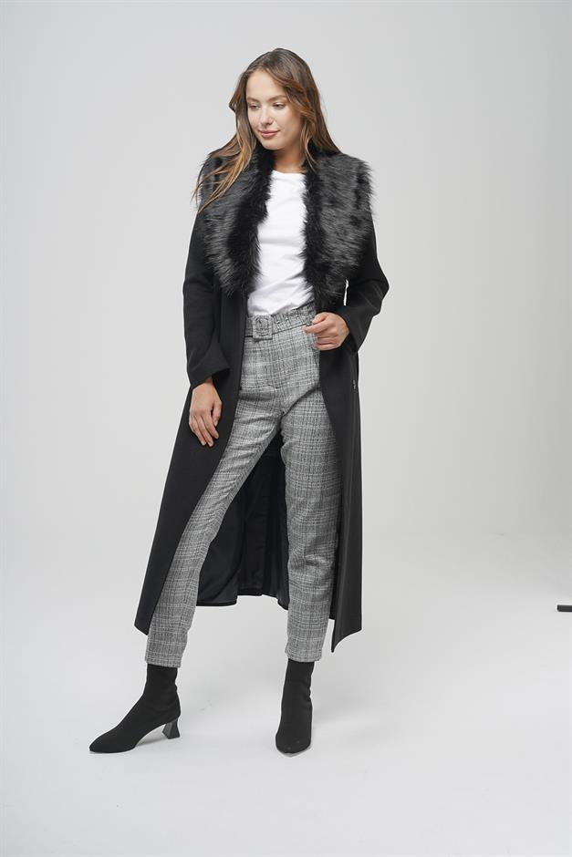 معطف طويل مبطن بالفرو قابل للفصل مع رباط للخصر أسود 3804