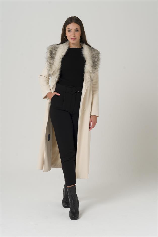 معطف طويل مبطن بالفرو قابل للفصل مع رباط للخصر وحدة التحكم الإلكترونية 3804