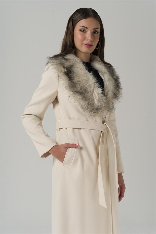 معطف طويل مبطن بالفرو قابل للفصل مع رباط للخصر وحدة التحكم الإلكترونية 3804