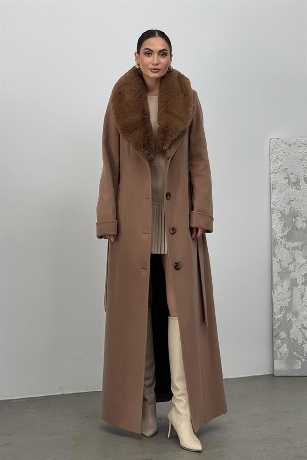 Detachable Fur Mens Coat with Belt and Collar CAMEL 3015-Y