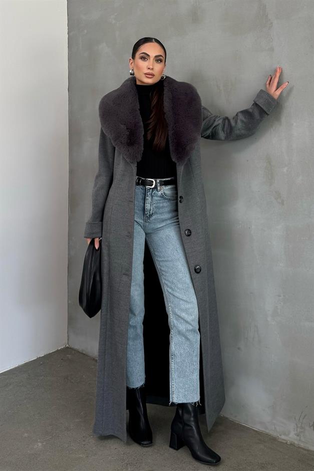 Detachable Fur Mens Coat with Belt and Collar DARK GREY 3015-Y