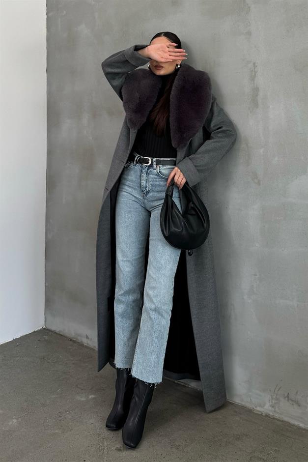 Detachable Fur Mens Coat with Belt and Collar DARK GREY 3015-Y