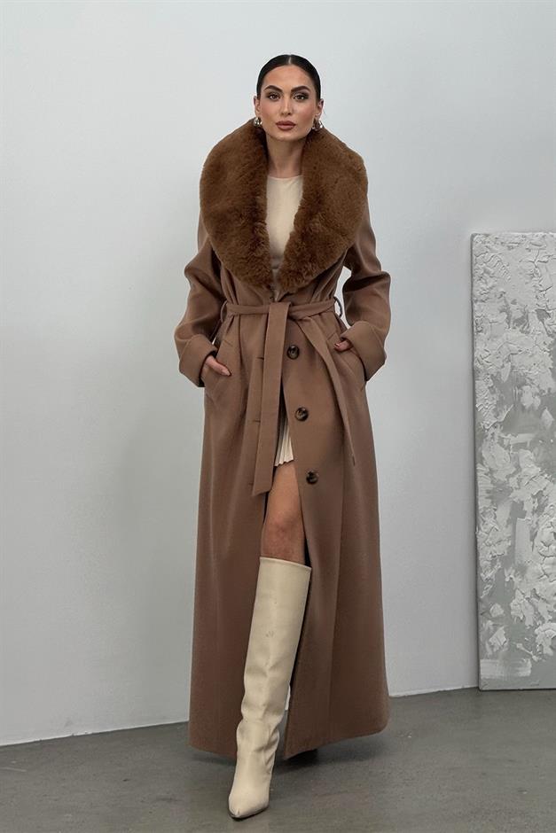 Detachable Fur Mens Coat with Belt and Collar CAMEL 3015-Y