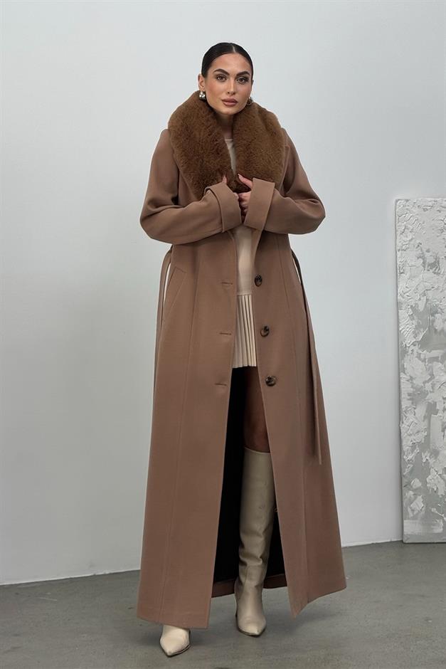Detachable Fur Mens Coat with Belt and Collar CAMEL 3015-Y