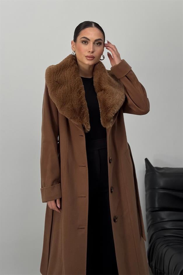 Detachable Fur Mens Coat with Belt and Collar CAMEL 3015-Y