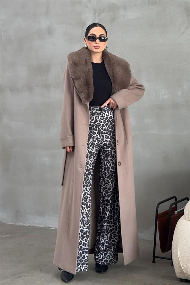 Detachable Fur Mens Coat with Belt and Collar VIZON 3015-Y