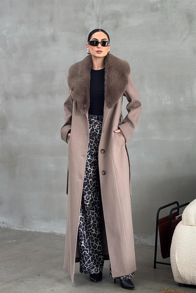 Detachable Fur Mens Coat with Belt and Collar VIZON 3015-Y