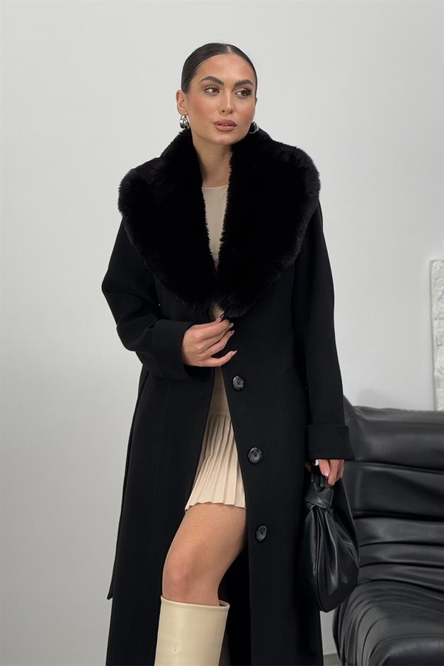 Detachable Fur Mens Coat with Belt and Collar BLACK 3015-Y