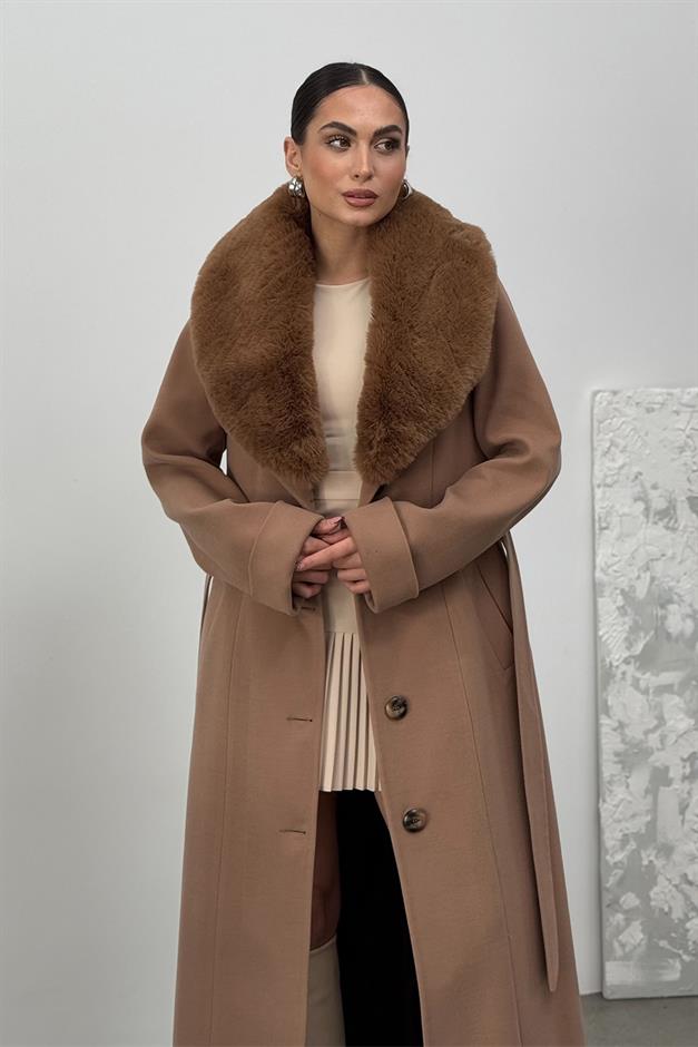 Detachable Fur Mens Coat with Belt and Collar CAMEL 3015-Y