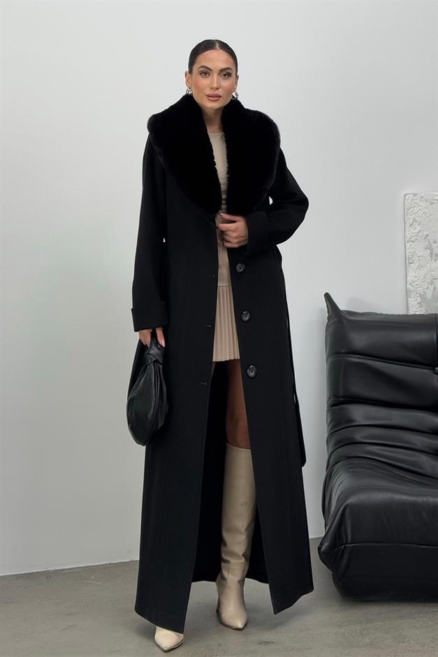 Detachable Fur Mens Coat with Belt and Collar BLACK 3015-Y