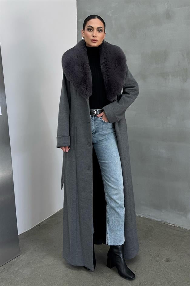 Detachable Fur Mens Coat with Belt and Collar DARK GREY 3015-Y