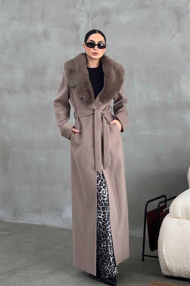 Detachable Fur Mens Coat with Belt and Collar VIZON 3015-Y