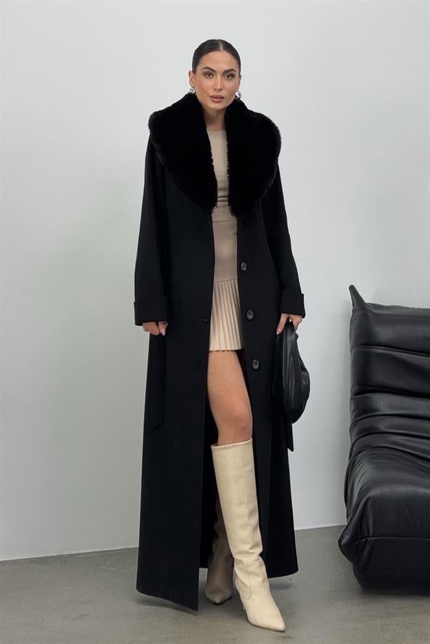 Detachable Fur Mens Coat with Belt and Collar BLACK 3015-Y