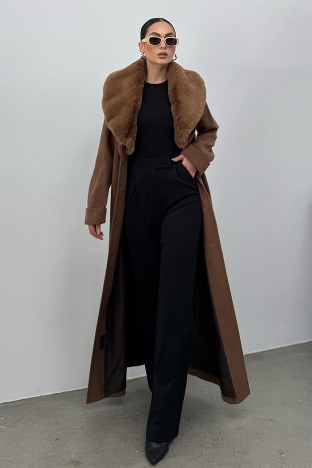 Detachable Fur Mens Coat with Belt and Collar CAMEL 3015-Y