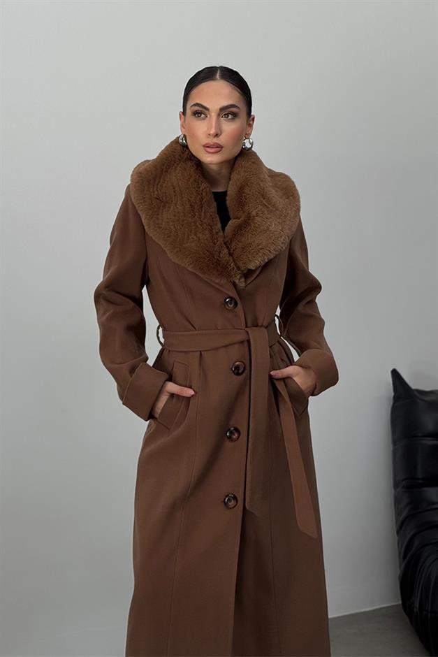 Detachable Fur Mens Coat with Belt and Collar CAMEL 3015-Y