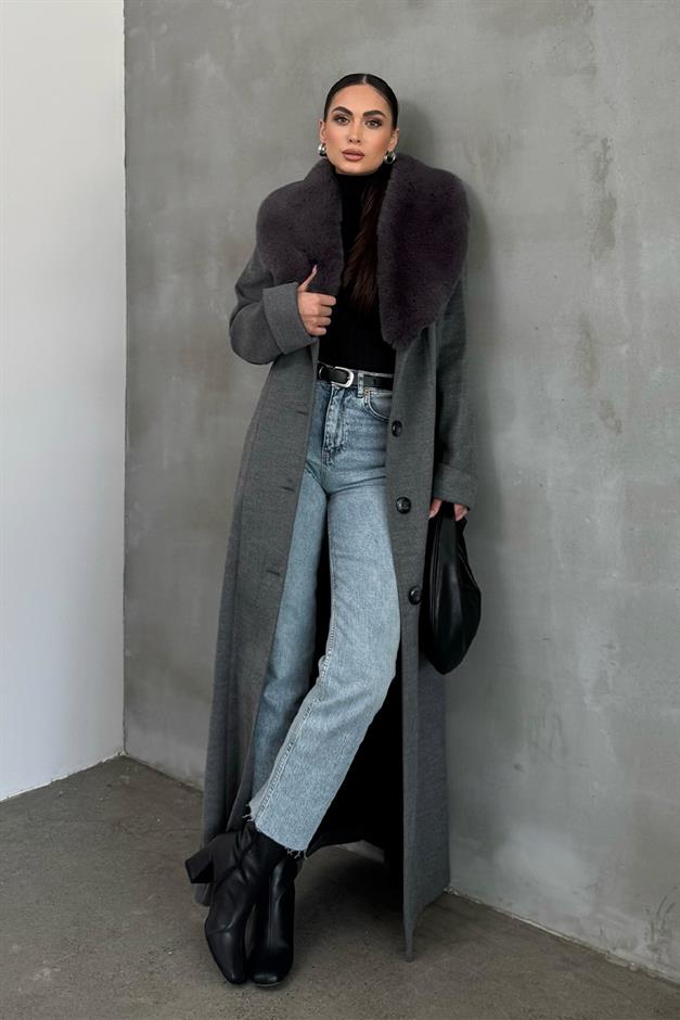 Detachable Fur Mens Coat with Belt and Collar DARK GREY 3015-Y