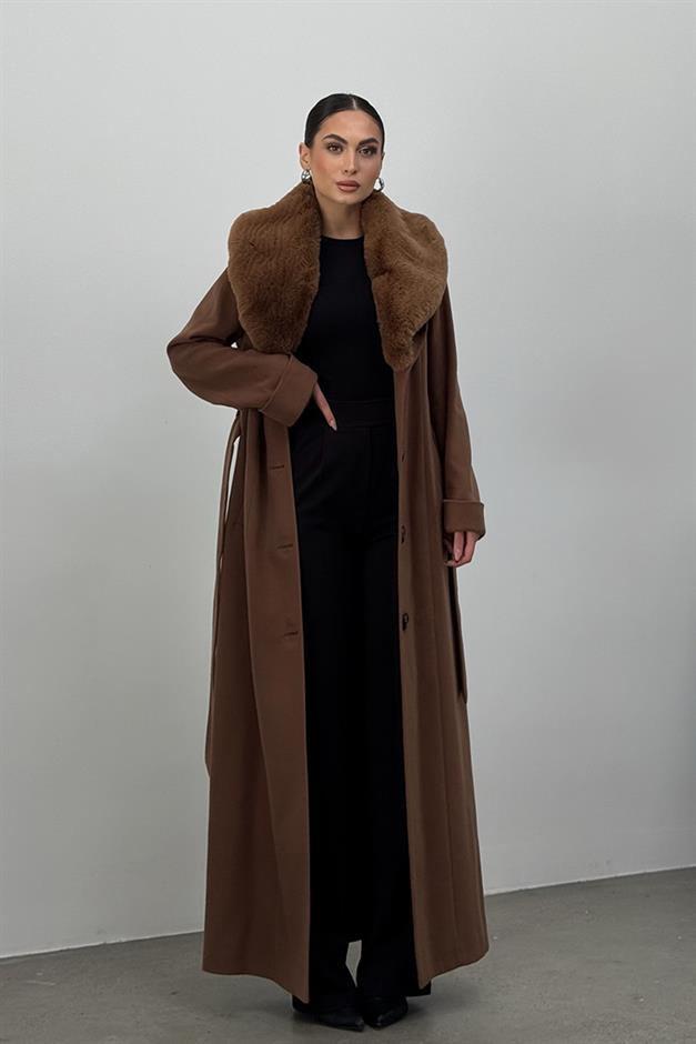 Detachable Fur Mens Coat with Belt and Collar CAMEL 3015-Y