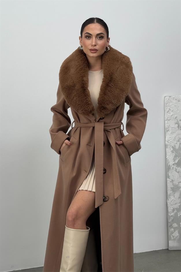 Detachable Fur Mens Coat with Belt and Collar CAMEL 3015-Y