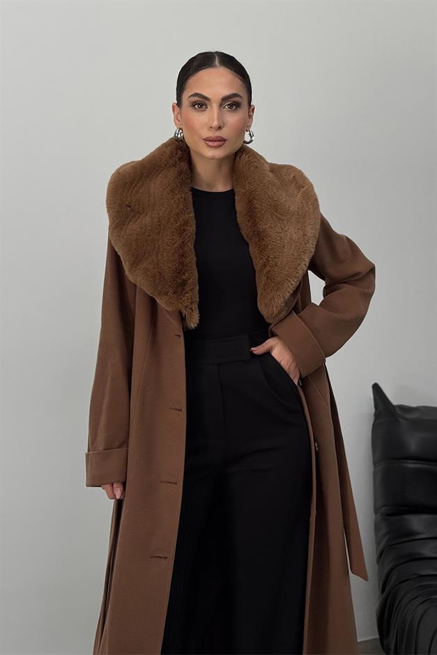Detachable Fur Mens Coat with Belt and Collar CAMEL 3015-Y