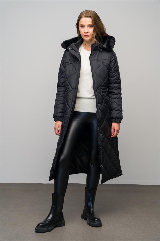 معطف طويل مبطن بغطاء رأس من الفرو قابل للإزالة ورباط خصر أسود 6622