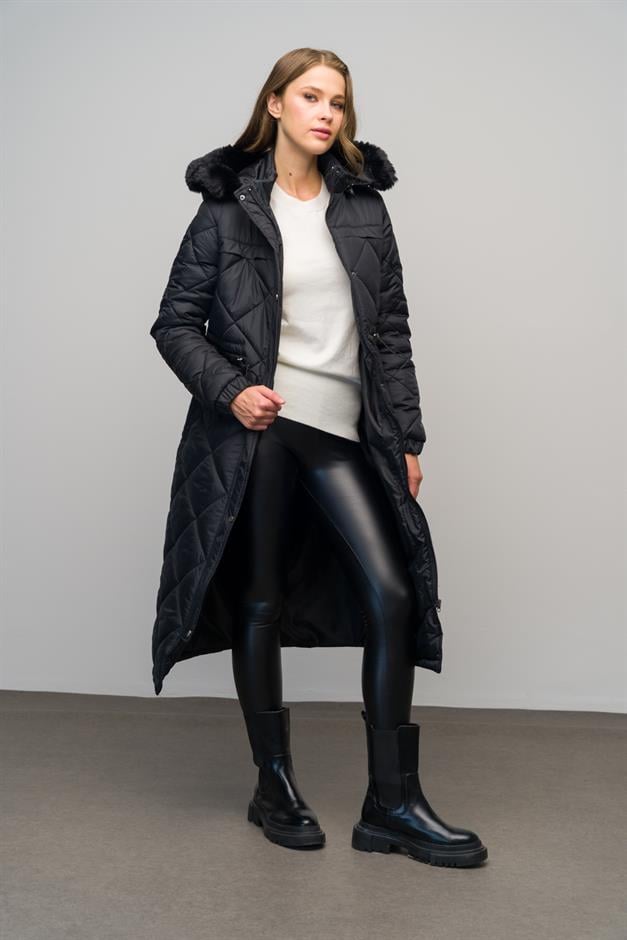 معطف طويل مبطن بغطاء رأس من الفرو قابل للإزالة ورباط خصر أسود 6622