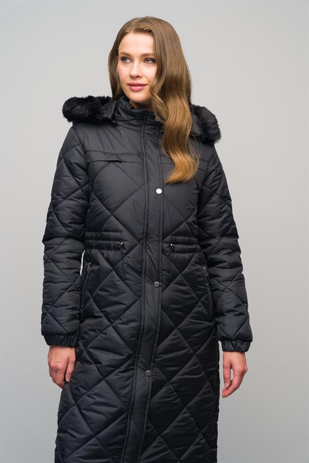 معطف طويل مبطن بغطاء رأس من الفرو قابل للإزالة ورباط خصر أسود 6622