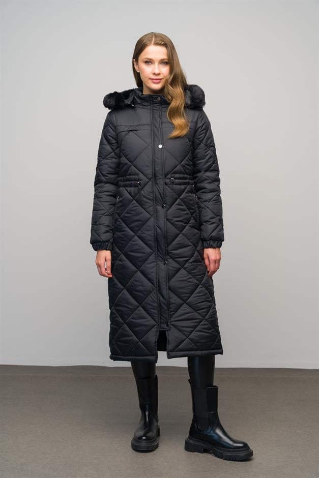 معطف طويل مبطن بغطاء رأس من الفرو قابل للإزالة ورباط خصر أسود 6622
