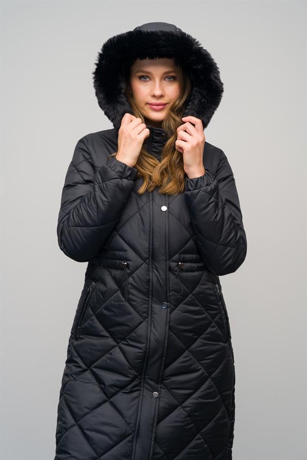 معطف طويل مبطن بغطاء رأس من الفرو قابل للإزالة ورباط خصر أسود 6622