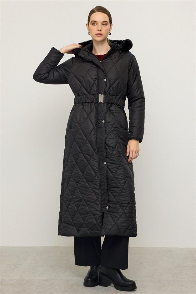 معطف طويل مبطن بغطاء رأس من الفرو قابل للإزالة وسحاب للإغلاق أسود 6791