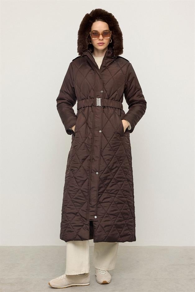 معطف طويل مبطن بغطاء رأس من الفرو قابل للإزالة وسحاب للإغلاق قهوة 6791