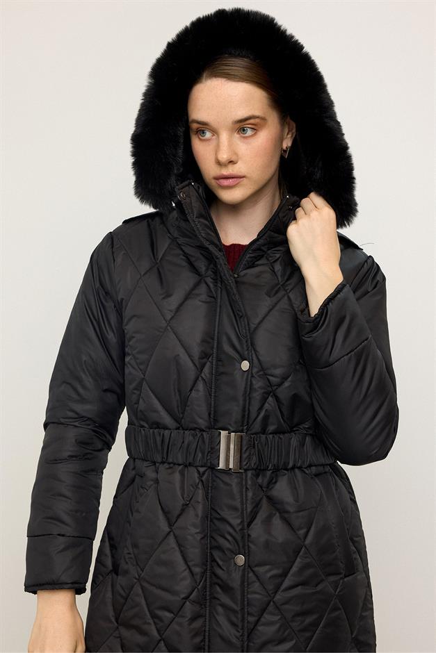 معطف طويل مبطن بغطاء رأس من الفرو قابل للإزالة وسحاب للإغلاق أسود 6791