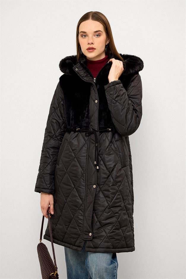 معطف مبطن من الفرو القابل للإزالة مع غطاء للرأس أسود 6781