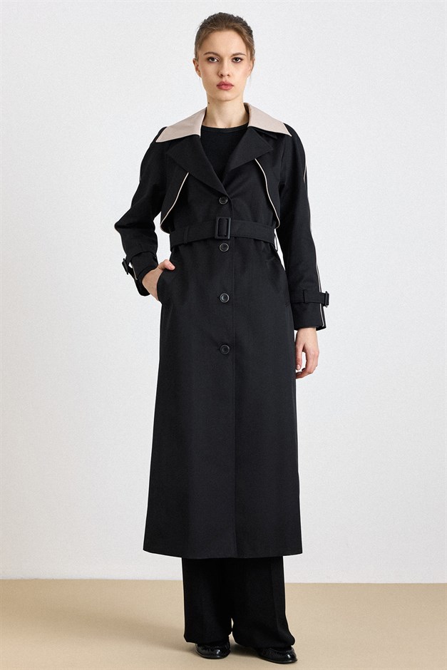 Çıkabilir Garni Yakalı Pelerin Detaylı Su İtici Özellikli Uzun Trençkot SİYAH 6825