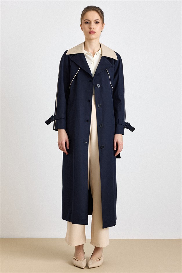 Çıkabilir Garni Yakalı Pelerin Detaylı Su İtici Özellikli Uzun Trençkot LACİVERT 6825