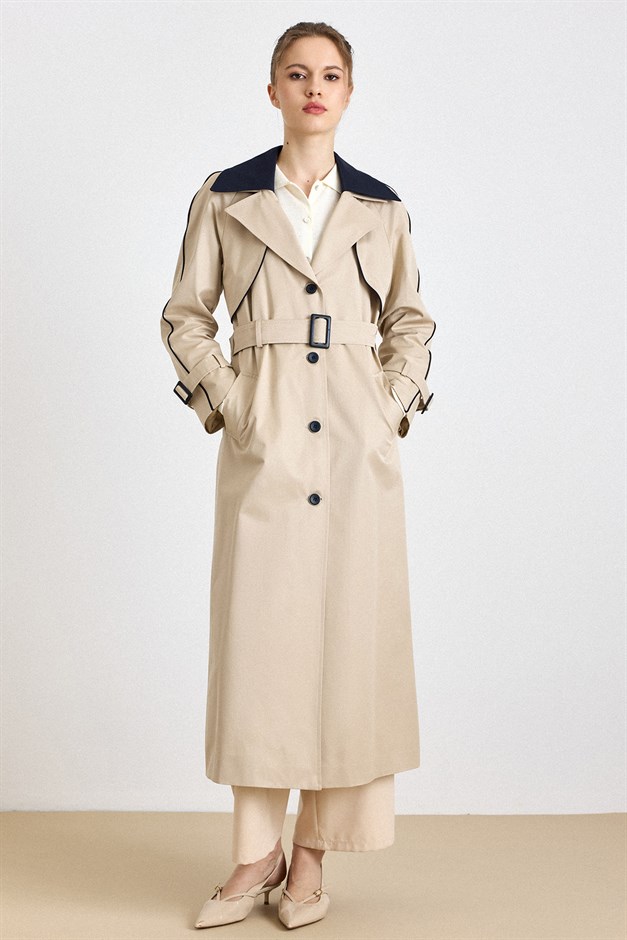 Çıkabilir Garni Yakalı Pelerin Detaylı Su İtici Özellikli Uzun Trençkot BEJ 6825