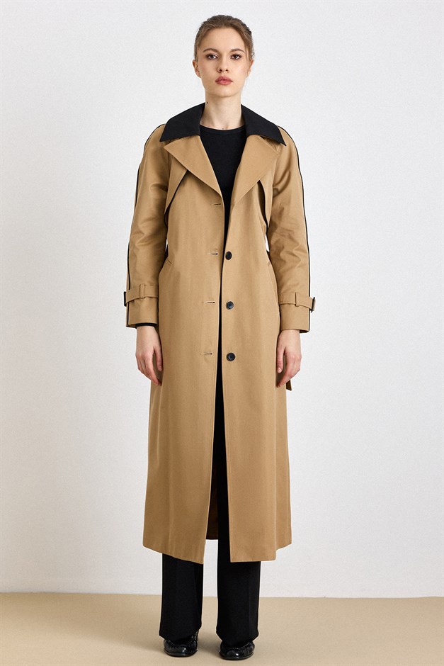 Çıkabilir Garni Yakalı Pelerin Detaylı Su İtici Özellikli Uzun Trençkot K. KAMEL 6825