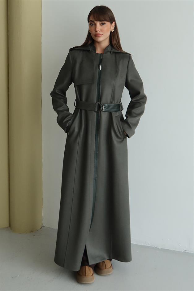 Çıkabilir Kapüşonlu Deri Garnili Gabardin Süet Görünümlü Pardesü YEŞİL 6806