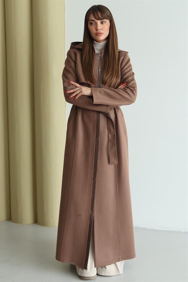 Çıkabilir Kapüşonlu Deri Garnili Gabardin Süet Görünümlü Pardesü A.KAHVE 6806