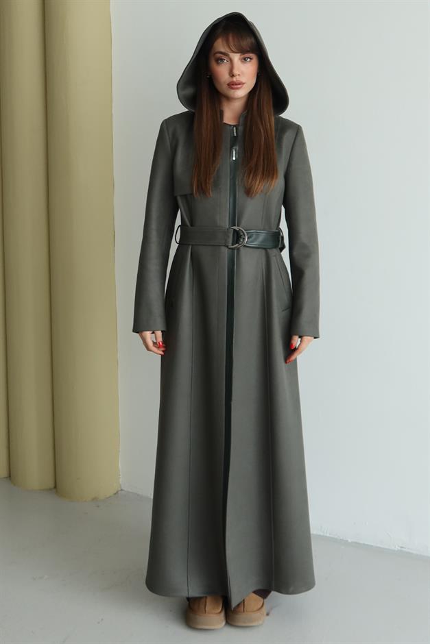 Çıkabilir Kapüşonlu Deri Garnili Gabardin Süet Görünümlü Pardesü YEŞİL 6806