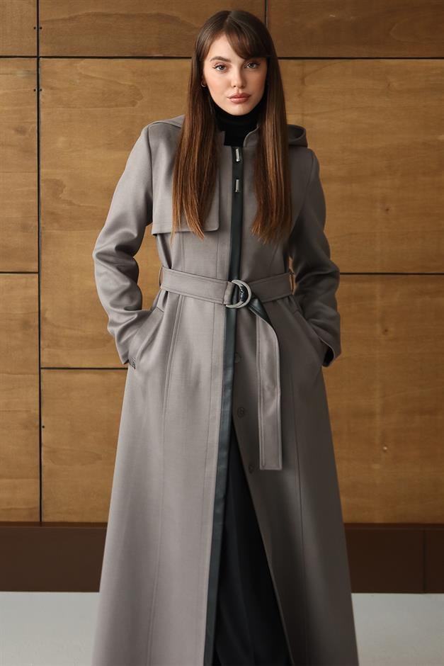 Çıkabilir Kapüşonlu Deri Garnili Gabardin Süet Görünümlü Pardesü GRİ 6806