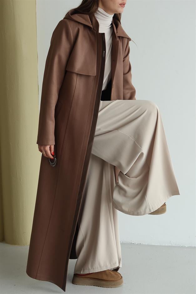 Çıkabilir Kapüşonlu Deri Garnili Gabardin Süet Görünümlü Pardesü A.KAHVE 6806