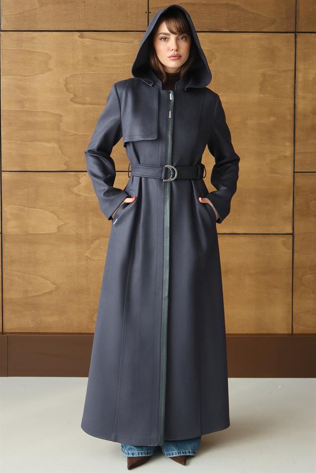 Çıkabilir Kapüşonlu Deri Garnili Gabardin Süet Görünümlü Pardesü LACİVERT 6806