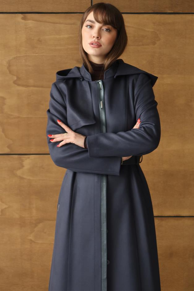 Çıkabilir Kapüşonlu Deri Garnili Gabardin Süet Görünümlü Pardesü LACİVERT 6806